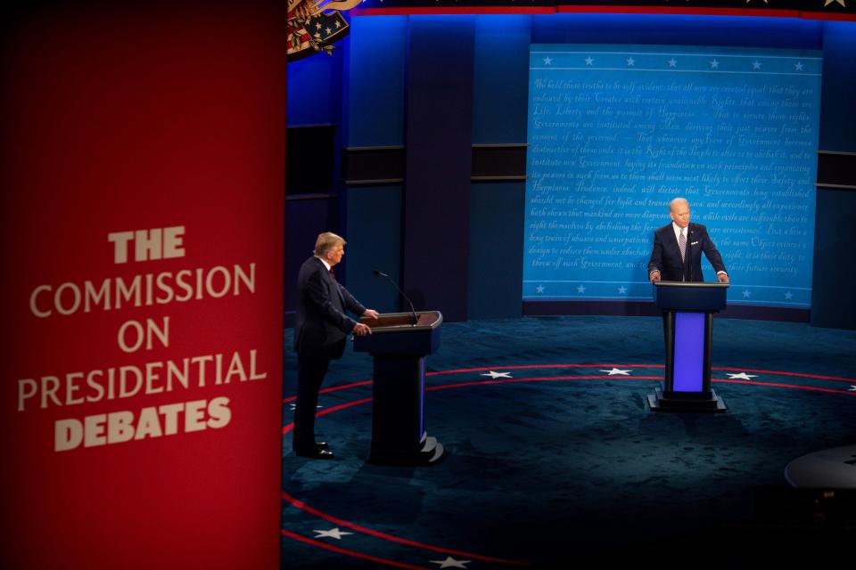 President Donald Trump and Democratic presidential candidate, former Vice President Joe Biden appear in the first Presidential debate in the Sheila and Eric Samson Pavilion at the Cleveland Clinic, Tuesday, Sept. 29, 2020, in Cleveland.