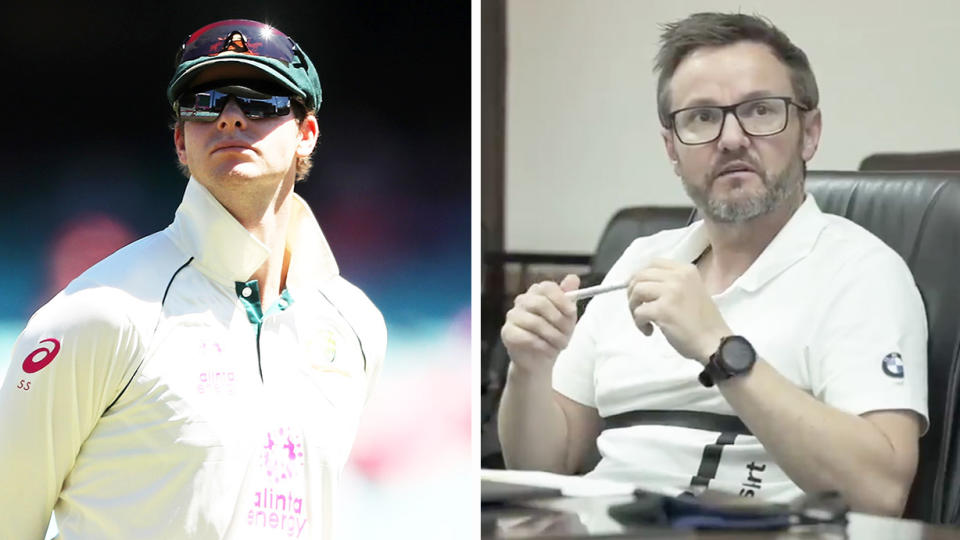 The Royal Challengers Bangalore coach Mike Hesson (pictured right) in a meeting and Steve Smith (pictured left) during fielding.