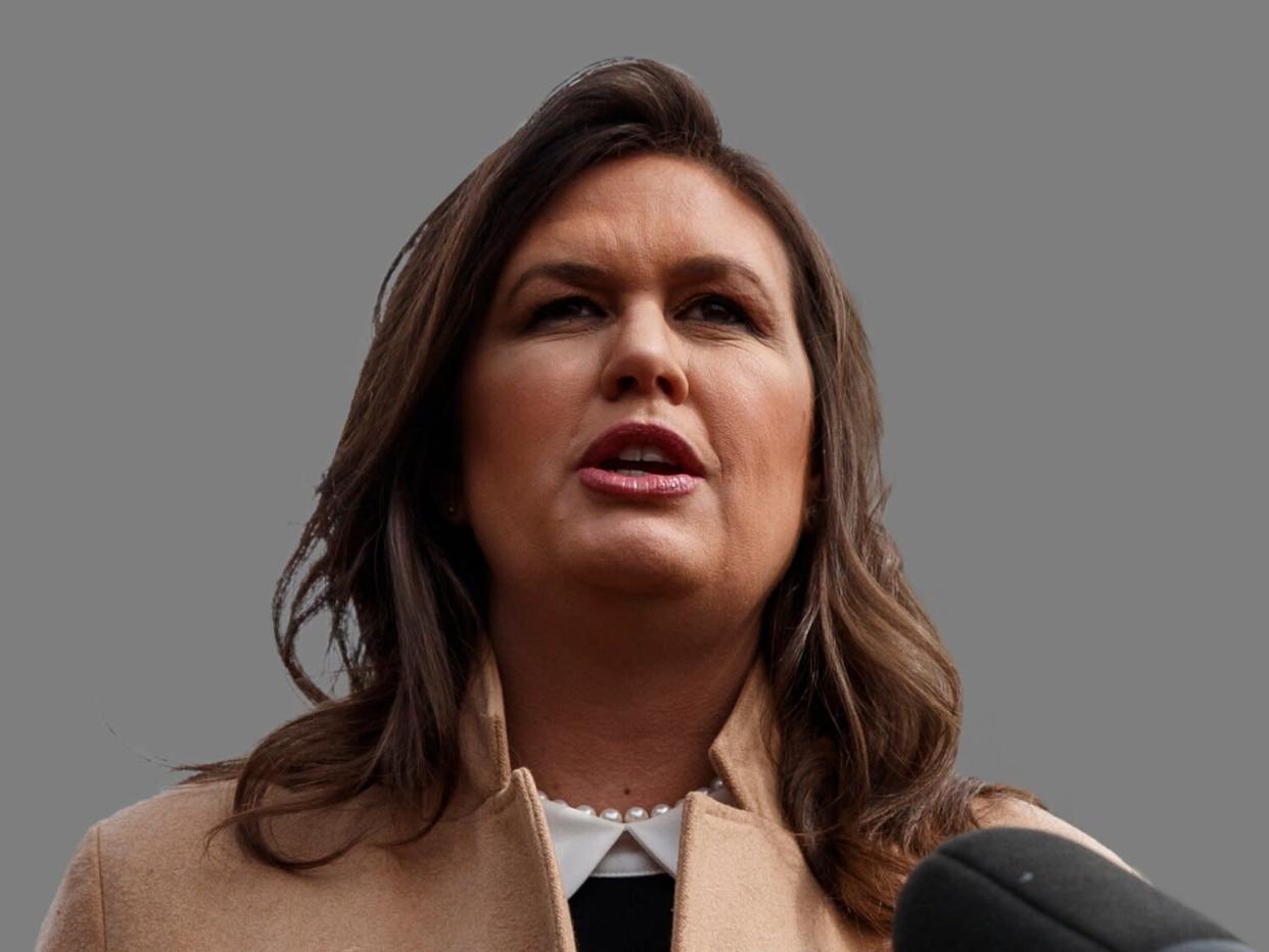 Sarah Huckabee Sanders headshot, as White House press secretary, graphic element on gray