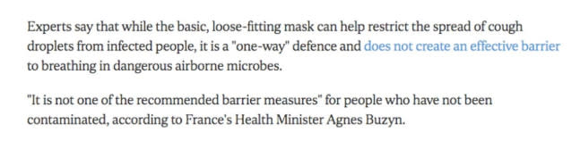 後來法國衛生部長Agnès Buzyn也在記者會上公開發言，要大家沒生病的話不要戴口罩。圖／截自 海峽時報 