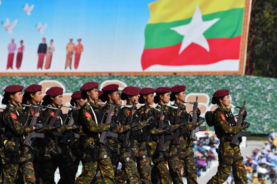 Members of the Myanmar military march at a parade ground (AFP via Getty Images)