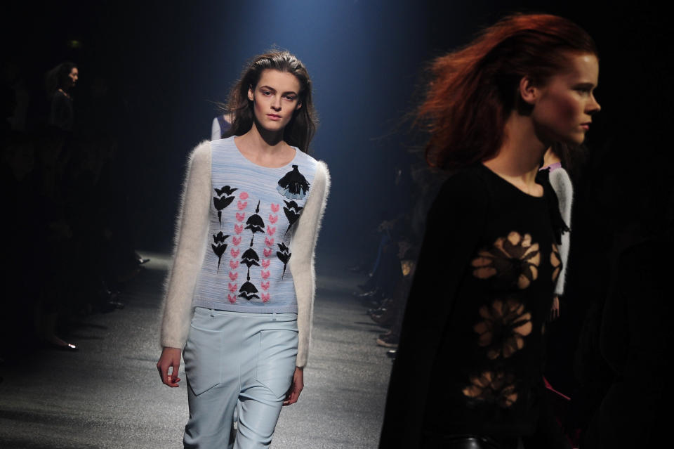 Models wear creations by Sonia Rykiel during the presentation of her Fall/Winter 2013-2014 ready to wear collection in Paris, Friday, March 1, 2013. (AP Photo/Zacharie Scheurer)