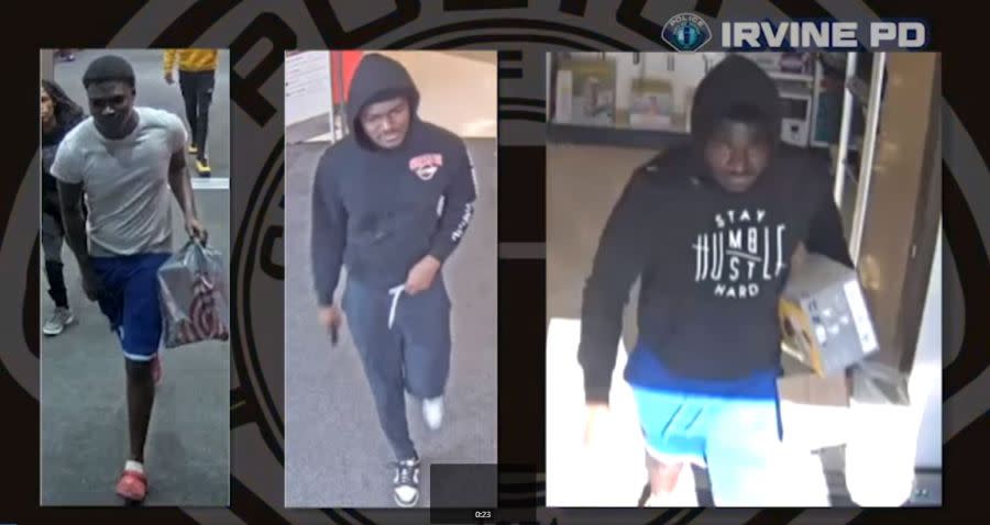 From left: Photos of one male suspect and two photos of a second suspect are seen in security video images from the Irvine Police Deaprtment.