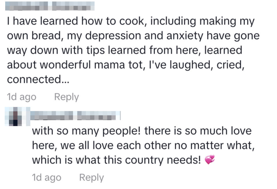 Social media comments sharing personal growth in cooking and valuing love and support in the community
