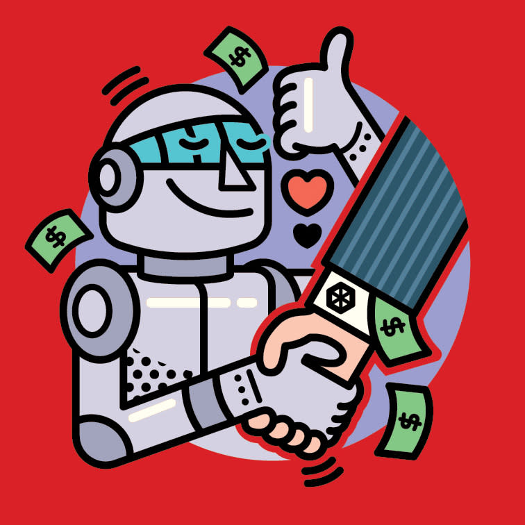 A robot and a man in a suit shaking hands with money flying around them