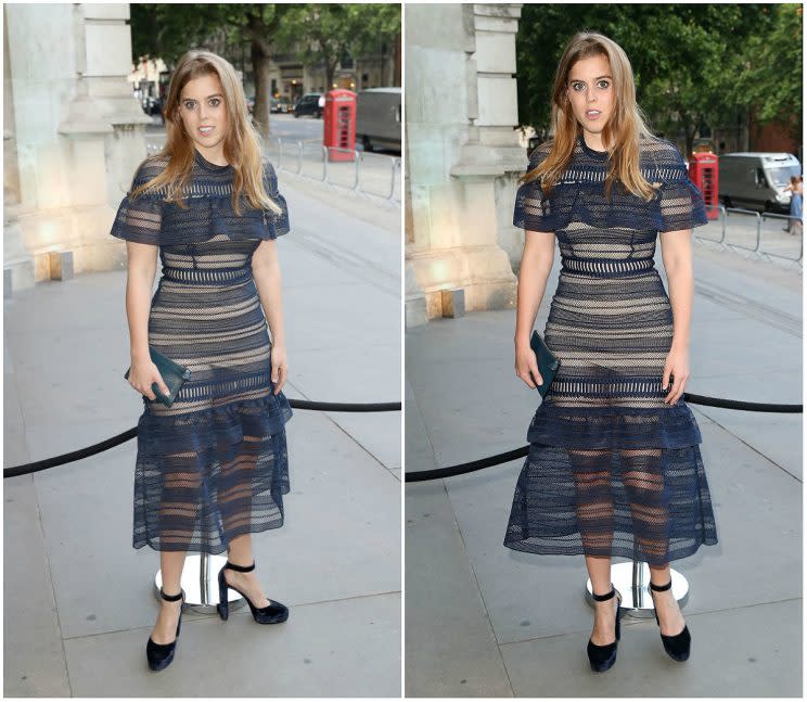 Princess Beatrice suffered an unfortunate wardrobe malfunction at the 2017 annual V&A Summer Party. <em>(Photos: Getty)</em>