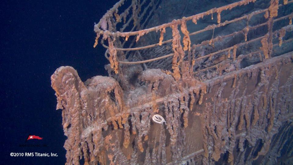 The bow of the Titanic covered in rusticles in 2010. Reports are that it has since deteriorated. Scientists estimate it will be completely gone by 2037. - Credit: Courtesy RMS Titanic