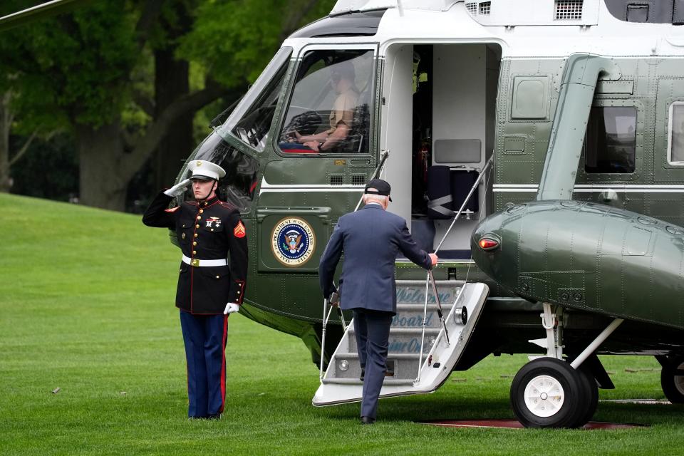 President Joe Biden boards Marine One for his departure from the South Lawn of the White House April 19, 2024, in Washington.