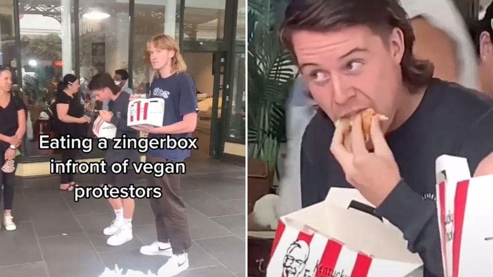 Nick and Bill, an Aussie TikTok duo has gone viral for eating KFC in front of vegans. Source: TikTok/@nickandbill