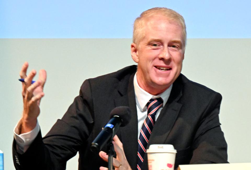 District Attorney candidate Dan Higgins speaks during the forum at Cape Cod Community College in West Barnstable Wednesday evening.