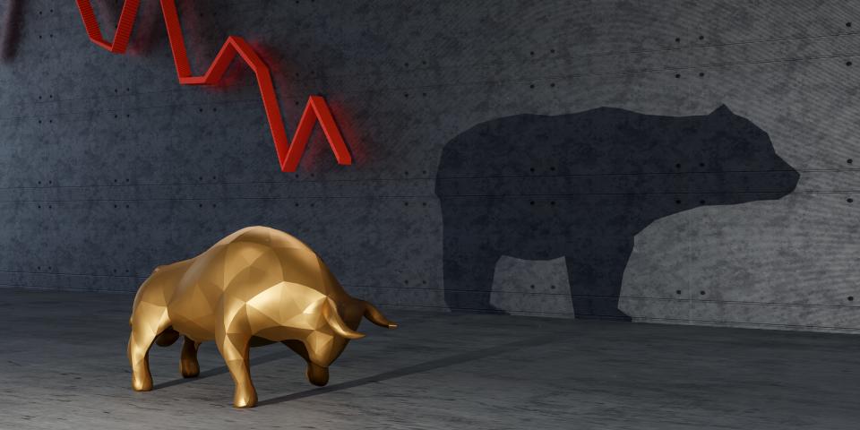 Golden 3D model of bull and bear shadow on wall. Red chart with descending trend. Investing and stock market concept.