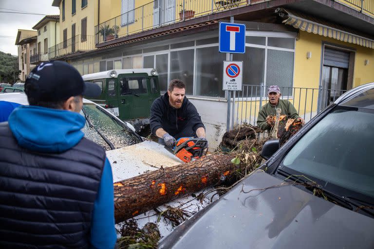 Árboles caídos sobre automóviles en Montemurlo (Photo by Federico SCOPPA / AFP)