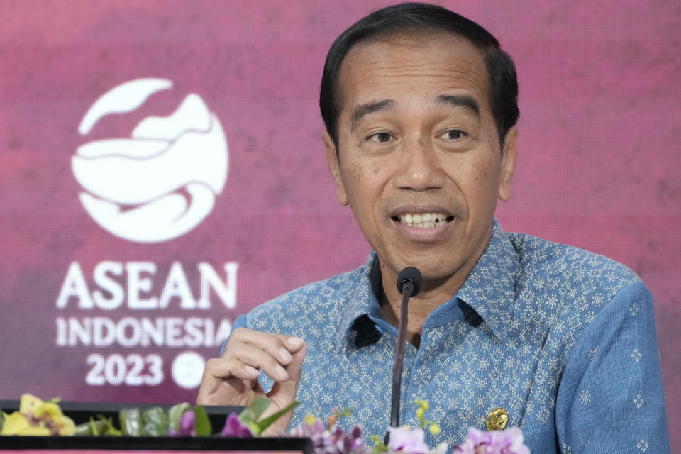 Indonesian President Joko Widodo gestures during a press conference the 42nd ASEAN Summit in Labuan Bajo, East Nusa Tenggara province, Indonesia, Thursday, May 11, 2023. (AP Photo/Achmad Ibrahim, pool)