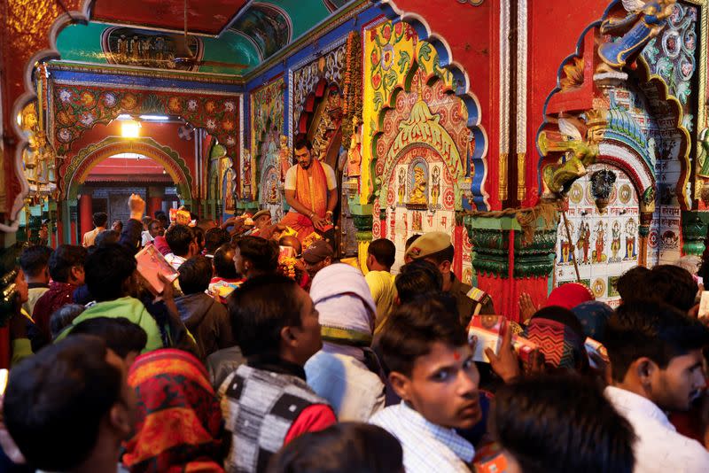 Devotees pray inside the Hanuman Garhi temple in Ayodhya