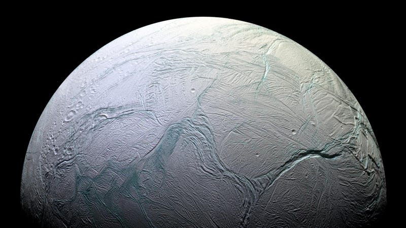 Saturn’s moon Enceladus, which features a warm subsurface ocean. 