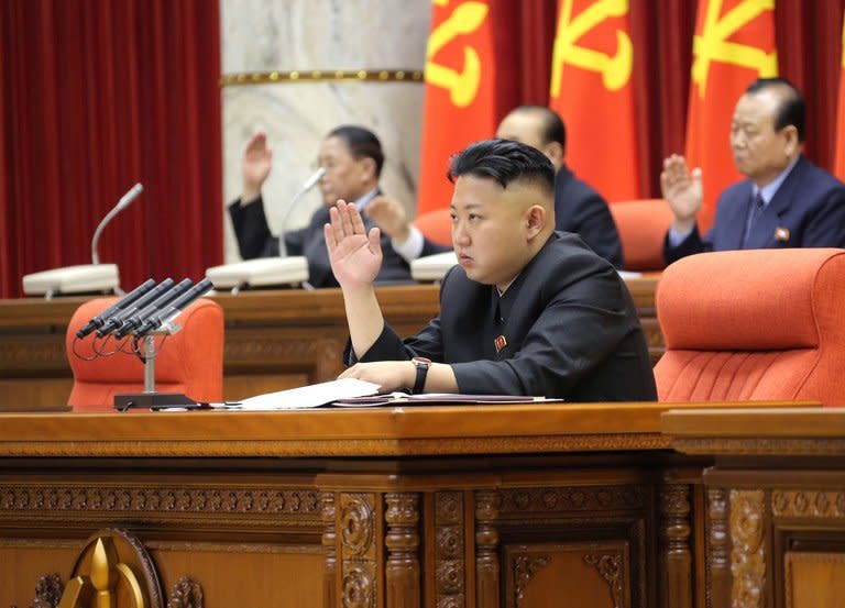 Image provided by the Korean Central News Agency on March 31, 2013 shows North Korean leader Kim Jong-Un attending a meeting of the Central Committee of the Workers' Party of Korea in Pyongyang. North Korea said Thursday it had authorised plans for nuclear strikes on US targets