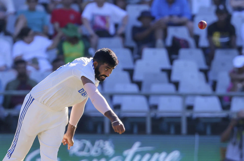 Indian bowler Jasprit Bumrah in action during the second test match between South Africa and India in Cape Town, South Africa, Wednesday, Jan. 3, 2024. (AP Photo/Halden Krog)