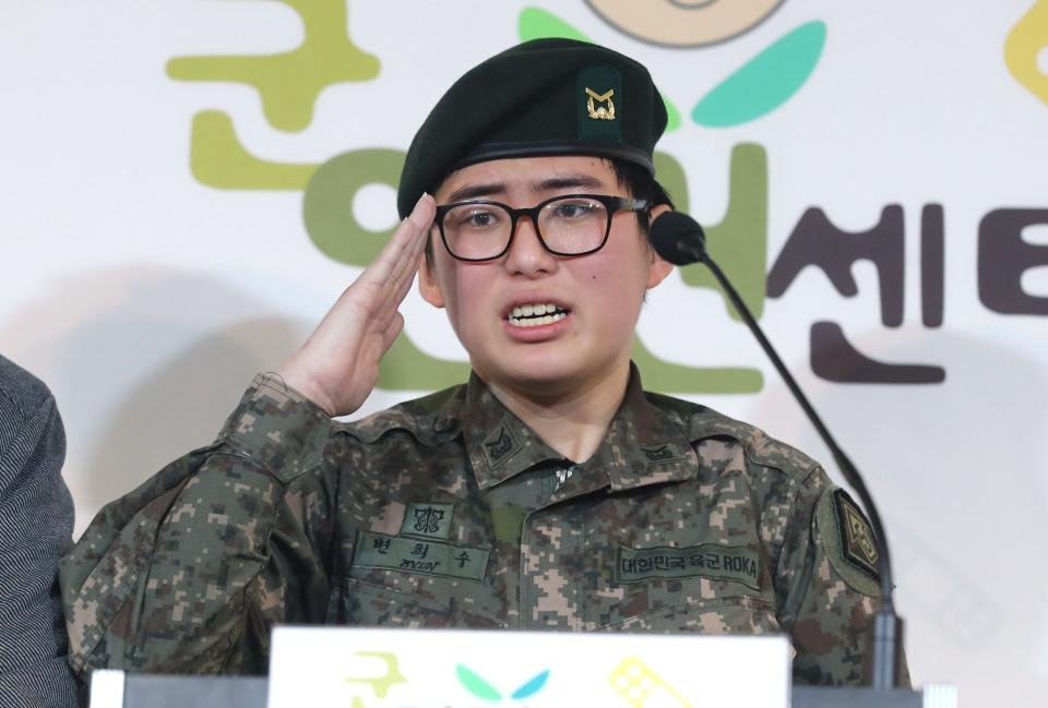 South Korean Army staff sergeant Byun Hui-su, who voluntarily enlisted before having gender-reassignment surgery in November (YONHAP/AFP via Getty Images)