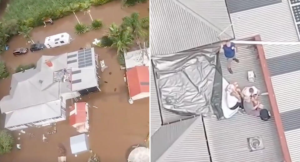 Pictured is the family of five trapped on their roof just outside of Ballina, amid the floods.