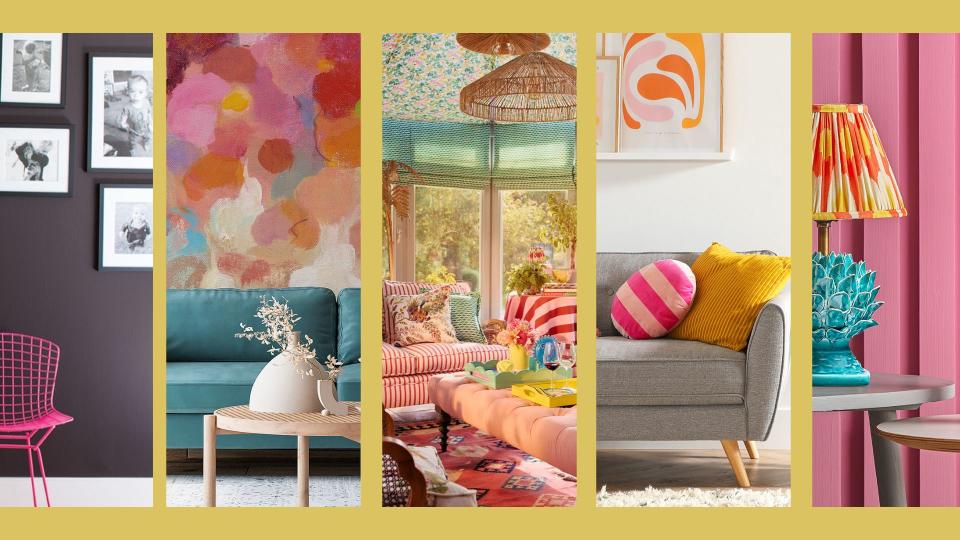  Compilation image showing  five different colourful rooms to show how to  use dopamine decor in your home. 