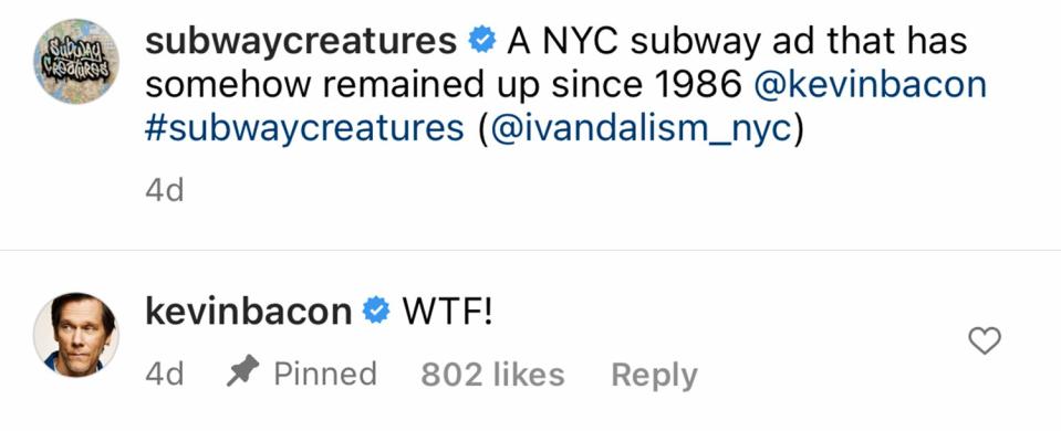 Kevin Bacon Hilariously Reacts to His 1986 Ad Still on Display in N.Y.C. Subway Station: 'WTF!'