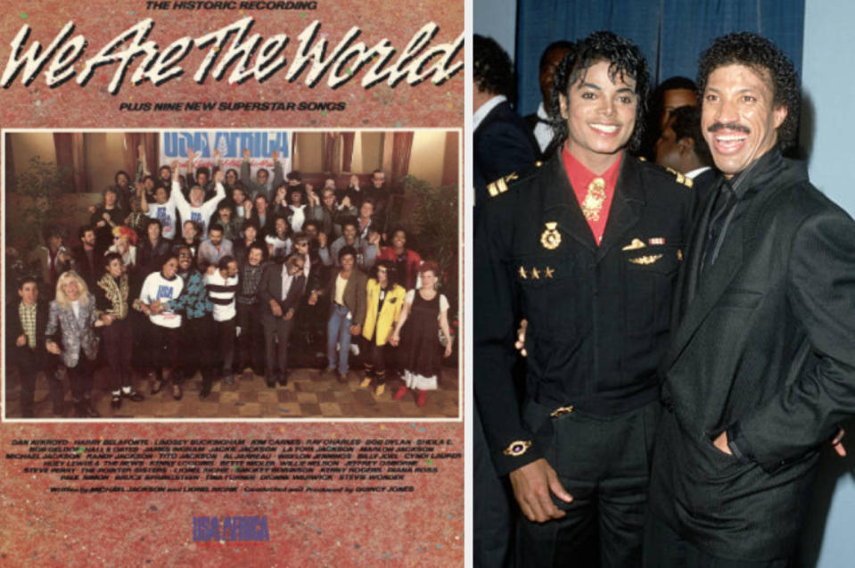 Left: The "We Are The World" album cover, right: Michael Jackson and Lionel Richie pose at the 28th annual Grammy Awards