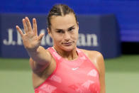 Aryna Sabalenka, of Belarus, reacts during a match against Coco Gauff, of the United States, during the women's singles final of the U.S. Open tennis championships, Saturday, Sept. 9, 2023, in New York. (AP Photo/Mary Altaffer)
