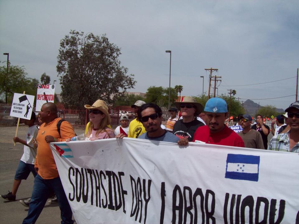 Rev. Alison Harrington (left, in pink) demonstrating&nbsp;with members with members of the Southside Worker Center against Arizona&rsquo;s anti-immigrant bill SB1070 in 2010. (Photo: Southside Presbyterian Church)