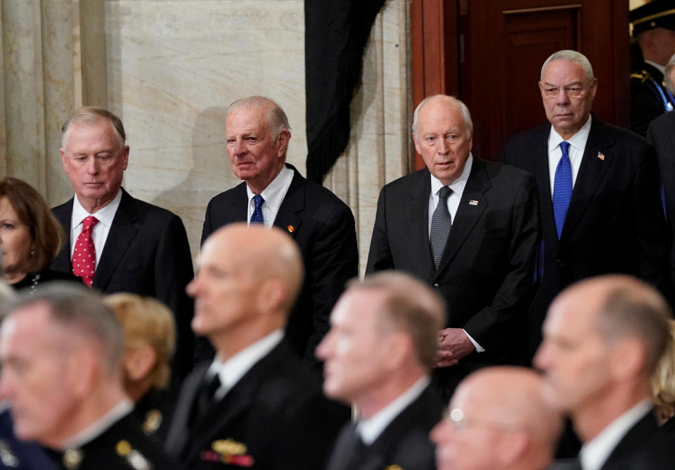 Former Vice President Dan Quayle, former Secretary of State James Baker, former Vice President Dick Cheney, and former Secretary of State Colin Powell arrive at the Capitol in Washington to attend services of former President George H.W. Bush, Monday, Dec. 3, 2018. (Photo: Pablo Martinez Monsivais/Pool via Reuters)