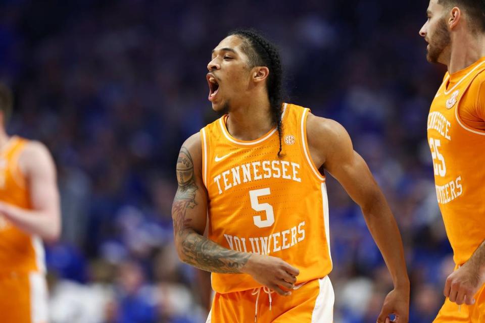 Tennessee point guard Zakai Zeigler (5) had 26 points and 13 assists in UT’s 103-92 win over Kentucky at Rupp Arena on Feb. 3.