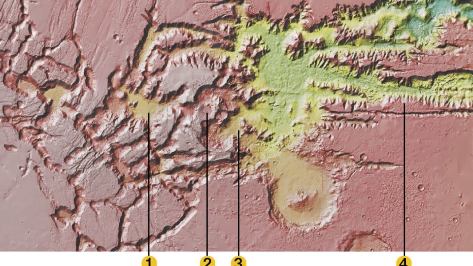 A close up of a section of The Tharsis Rise showing: <strong>1)</strong> Noctis Labyrinthus. <strong>2)</strong> Suspected caldera of the unconfirmed volcano. <strong>3)</strong> Relict Glacier. <strong>4)</strong> Valles Marineris. - CNN/USGS