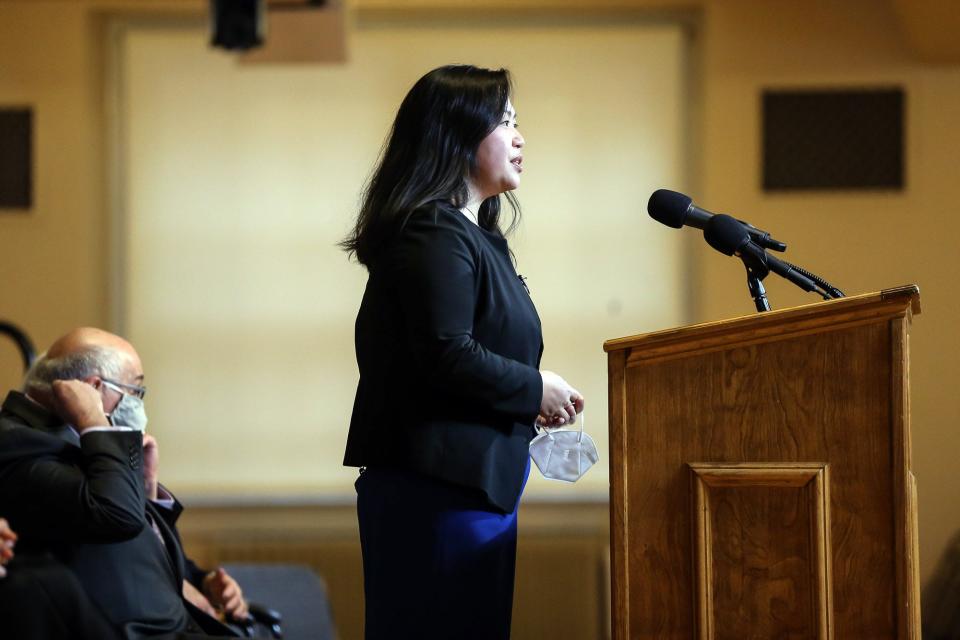 State Rep. Maria Robinson, D-Framingham, delivers some remarks during the inauguration ceremony at Nevins Hall in Framingham, Jan. 1, 2022.