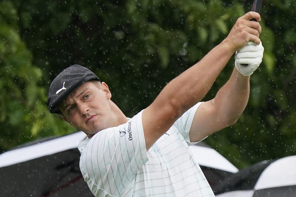 Bryson DeChambeau tees off on the third hole during the first round of the Memorial golf tournament, Thursday, June 3, 2021, in Dublin, Ohio. (AP Photo/Darron Cummings)