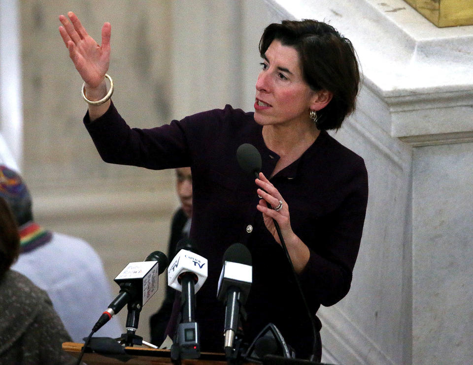 PROVIDENCE, RI - JANUARY 7: Rhode Island Governor Gina M. Raimondo speaks during an Interfaith Coalition to Reduce Poverty Vigil at the Rhode Island State House in Providence, RI on Jan. 7, 2020. (Photo by Barry Chin/The Boston Globe via Getty Images)