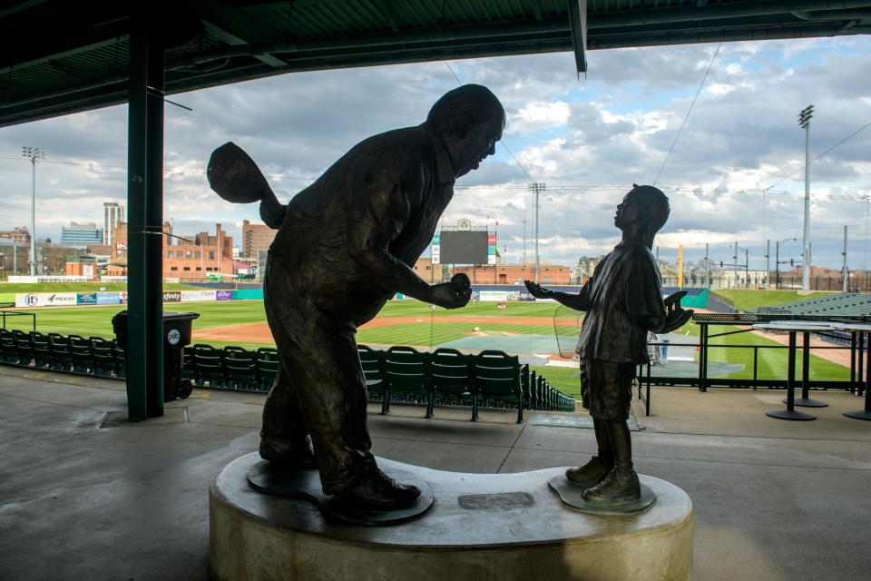 The Pete Vonachen statue graces the concourse during Peoria Chiefs practice Monday, April 3, 2023 at Dozer Park in Peoria.