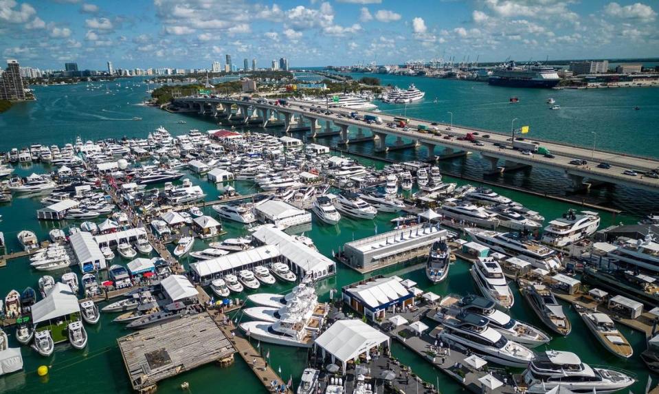 View of heavy traffic on the MacArthur Causeway and thousands of boats are docked at the Herald Plaza Marina as part of the 2024 Discover Boating Miami International Boat Show, taking place in Miami and Miami Beach, till February 28, on Thursday, February 15, 2024.