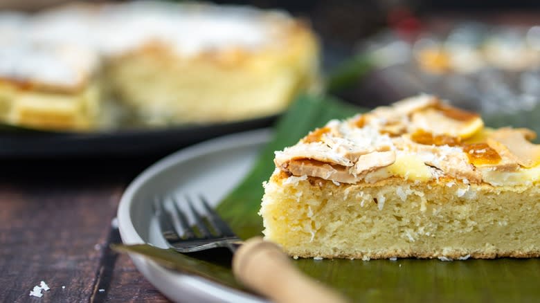 Slice of bibingka on banana leaf