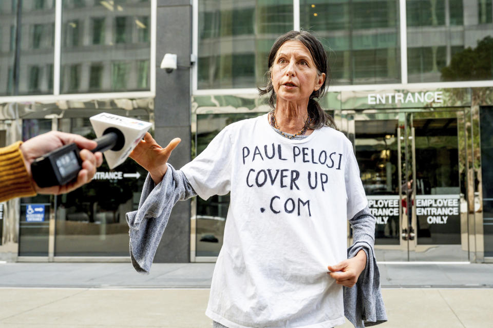 Gypsy Taub, David DePape's ex-girlfriend, speaks with reporters outside the Phillip Burton Federal Building and U.S. Courthouse where DePape's federal trial is underway in San Francisco on Thursday, Nov. 9, 2023. DePape is accused of breaking into former U.S. House Speaker Nancy Pelosi's home and bludgeoning her husband with a hammer. He has pleaded not guilty to federal charges. (AP Photo/Noah Berger)