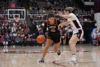 Oregon State guard Talia von Oelhoffen, left, tries to get around Stanford forward Brooke Demetre during the first half of an NCAA college basketball game, Sunday, Jan. 21, 2024, in Stanford, Calif. (AP Photo/Godofredo A. Vásquez)