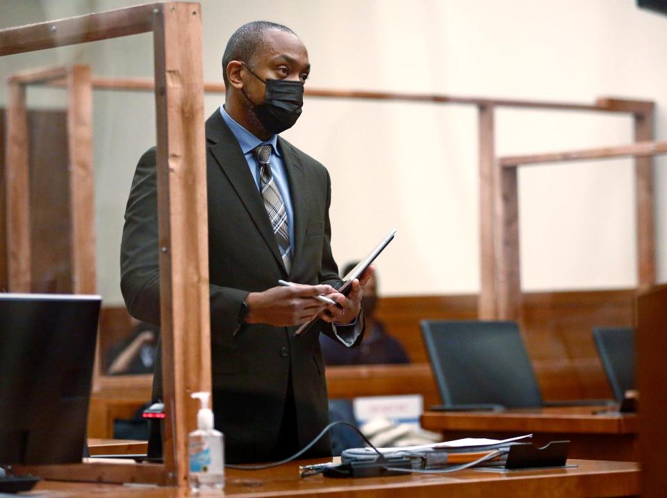 In this file photo, state assistant attorney general Anthony Pierson asks Franklin County Common Pleas Judge Stephen L. McIntosh for a high bond for former Columbus police officer Adam Coy, who is accused of murder in the Feb. 9, 2021 shooting death of unarmed Andre Hill during a response to a nonemergency noise complaint.