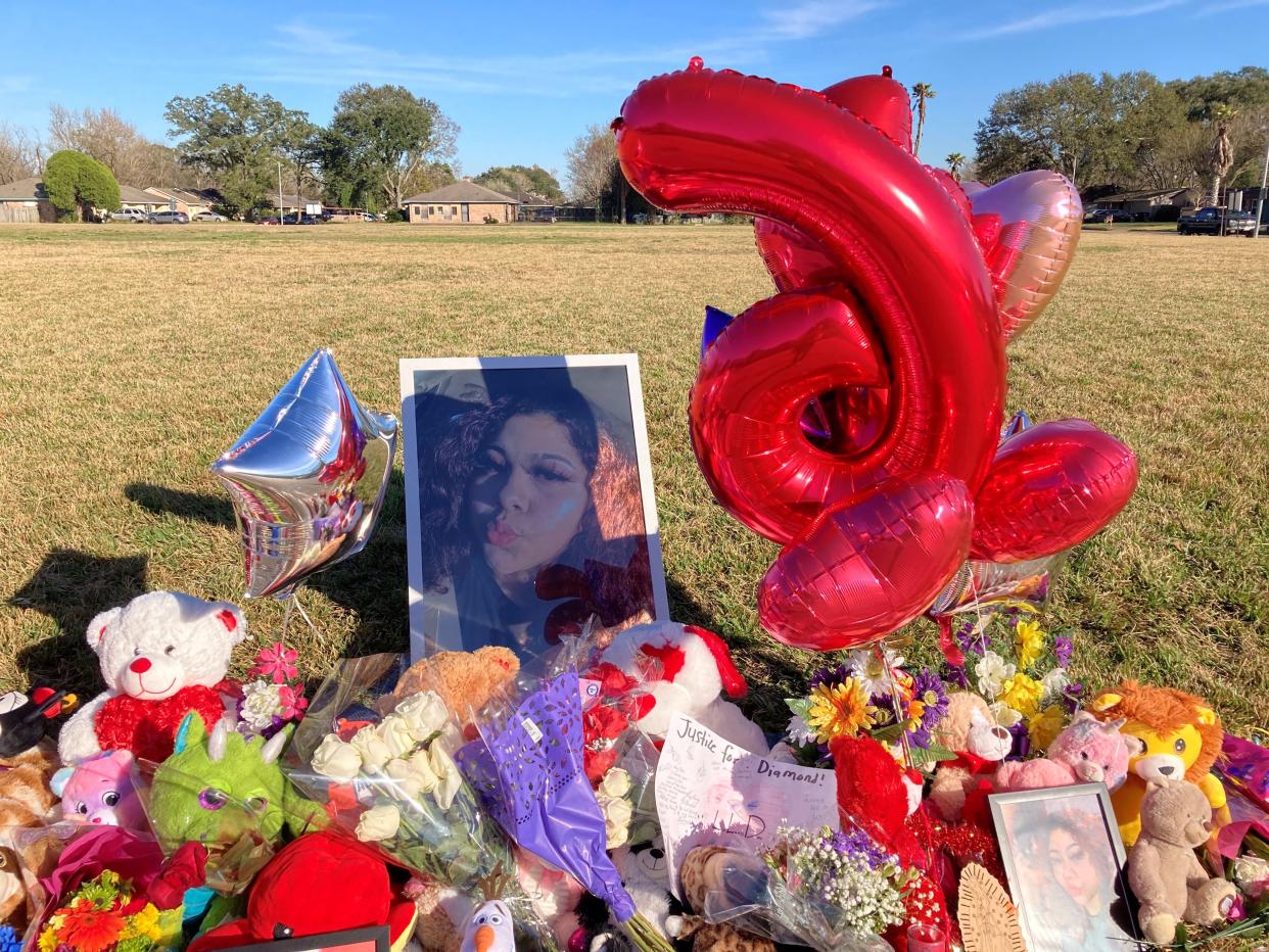 A memorial sits in a Houston park near where Diamond Alvarez was shot and killed.