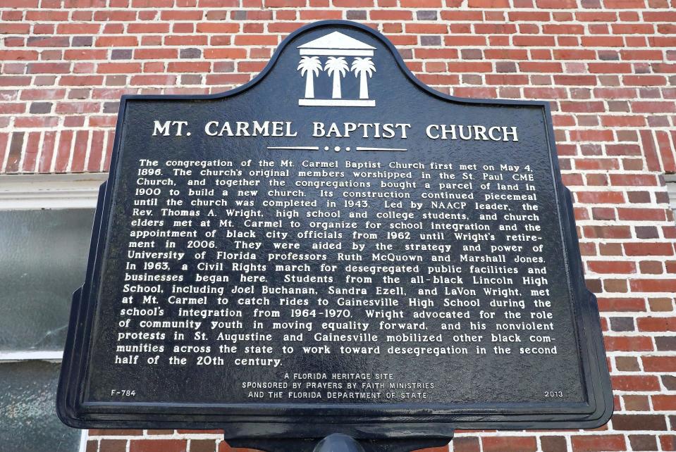 The historical marker at old Mount Carmel Baptist Church recognizes the building as a Florida Heritage Site by the state of Florida. [File photo by Brad McClenny/The Gainesville Sun]