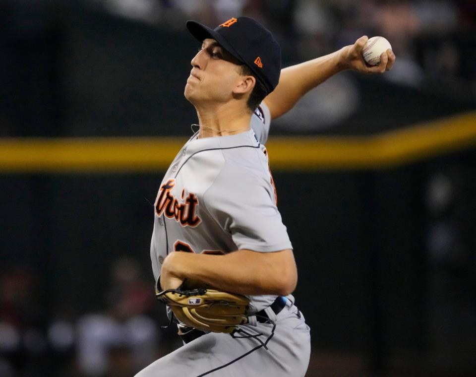 Jun 26, 2022; Phoenix, Ariz., U.S.; Detroit Tigers starting pitcher Beau Brieske (63) throws against the Arizona Diamondbacks during the first inning at Chase Field. Mandatory Credit: Michael Chow-Arizona Republic

Mlb Tigers At Dbacks