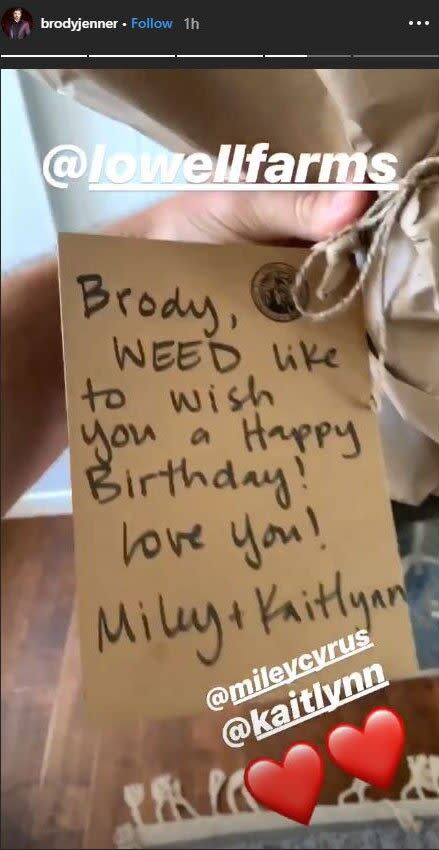 Kaitlynn Carter and Miley Cyrus sent Jenner a joint birthday gift on Wednesday.