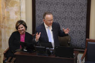 Utah Senate President Stuart Adams gives his opening speech to kick off the state's 2024 legislative session, Tuesday, Jan. 16, 2024, in Salt Lake City. Adams said the Legislature would work this session to strengthen laws governing social media access for minors. (AP Photo/Hannah Schoenbaum)