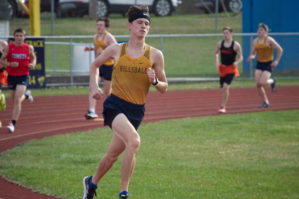 Hillsdale junior Nolan Grant runs away from the competition to a first-place finish in the 800-meter race and a new PR time of 2:08.62.