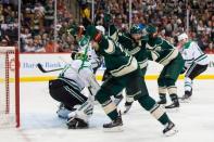 Minnesota Wild forward Nino Niederreiter (22) celebrates after forward Jason Pominville (29) scores a goal against Dallas Stars goalie Antti Niemi (31) in the second period in game four of the first round of the 2016 Stanley Cup Playoffs at Xcel Energy Center. Mandatory Credit: Brad Rempel-USA TODAY Sports