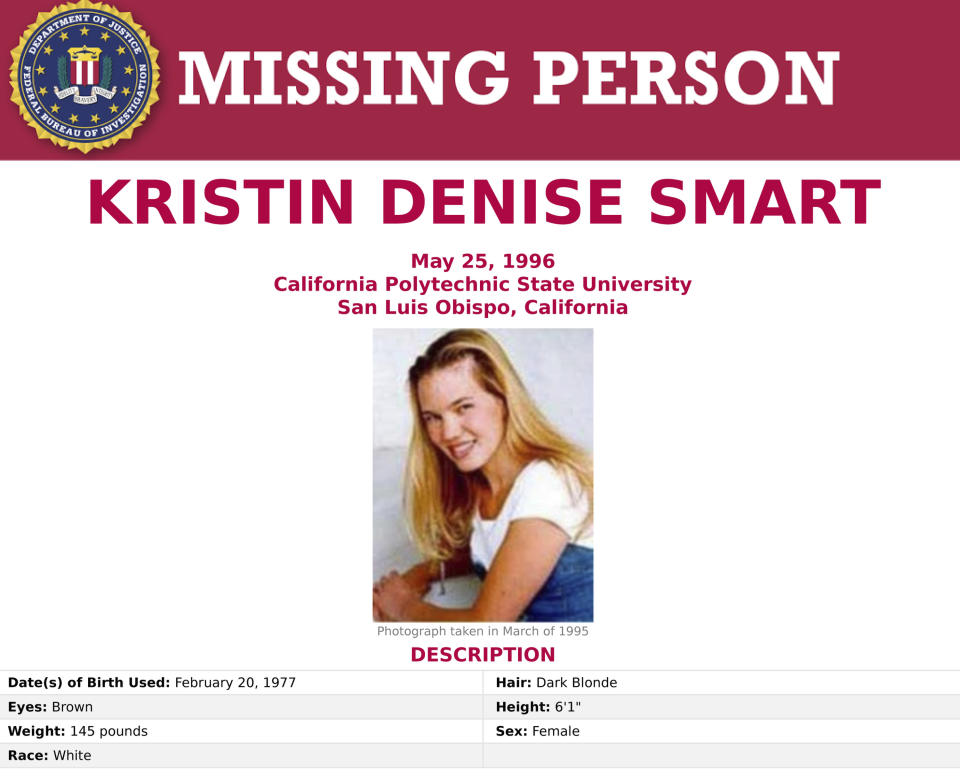 FILE - This file photo shows a missing person poster provided by the FBI seeking information in the 1996 disappearance of California Polytechnic State University, San Luis Obispo, student Kristin Smart. A judge has denied a prosecutor's bid to file rape charges against the man accused of killing Smart, who went missing 25 years ago. The San Luis Obispo district attorney's office said that on Wednesday, July 14, 2021, it sought to add two rape charges for offenses after Smart disappeared to the complaint filed against Paul Flores in Smart's death. The judge ruled against the DA's motion. Flores was the last person seen with Smart on May 25, 1996, at California Polytechnic State University in San Luis Obispo. Her body has never been found. (FBI via AP, File)