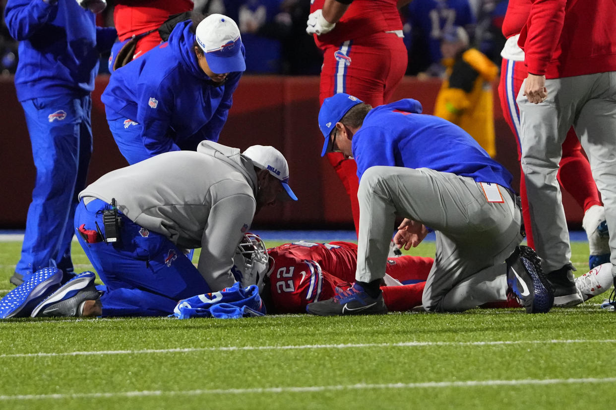 Oct 15, 2023; Orchard Park, New York, USA; Buffalo Bills medics attend to Buffalo Bills running back Damien Harris (22) who was injured on the previous play against the New York Giants during the first half at Highmark Stadium. Mandatory Credit: Gregory Fisher-USA TODAY Sports