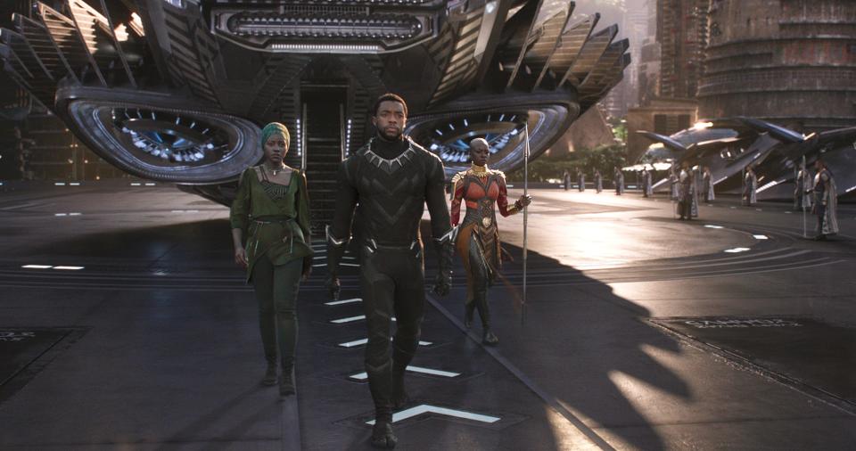 Nakia (Lupita Nyong'o), T'Challa/Black Panther (Chadwick Boseman) and Okoye (Danai Gurira) in the original "Black Panther."